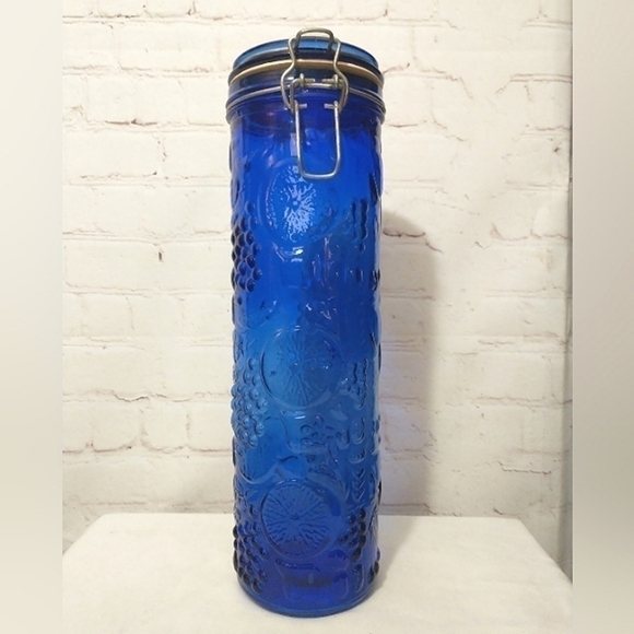 Other - VINTAGE Cobalt Blue Glass Fruit Embossed Canister with Metal Hinged Lid 13"